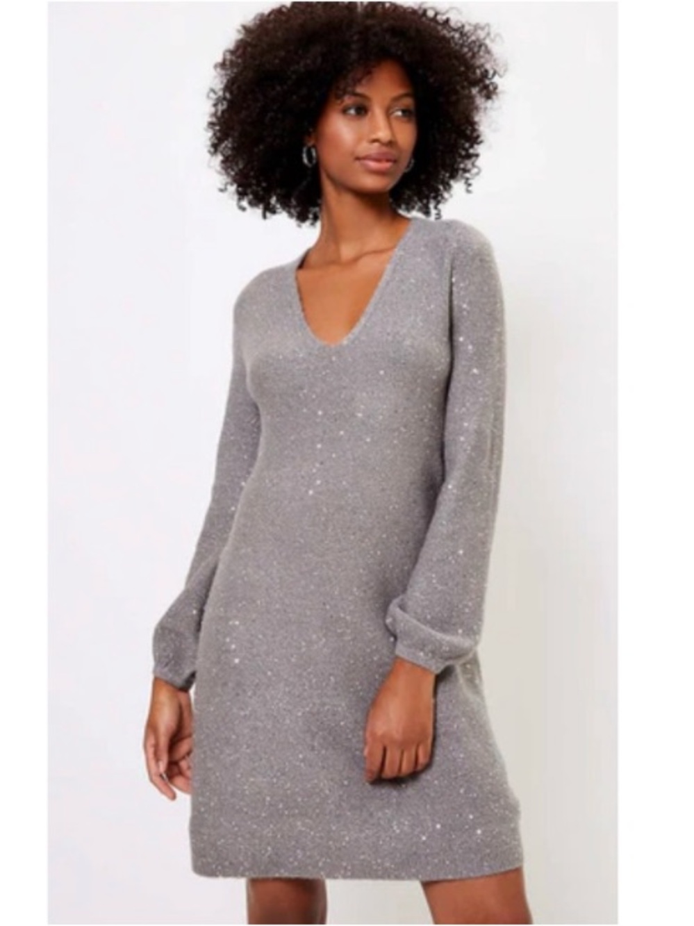 NWT Ann Taylor LOFT Chunky Knit Sequin Shift Sweater Dress Holiday Grey Medium